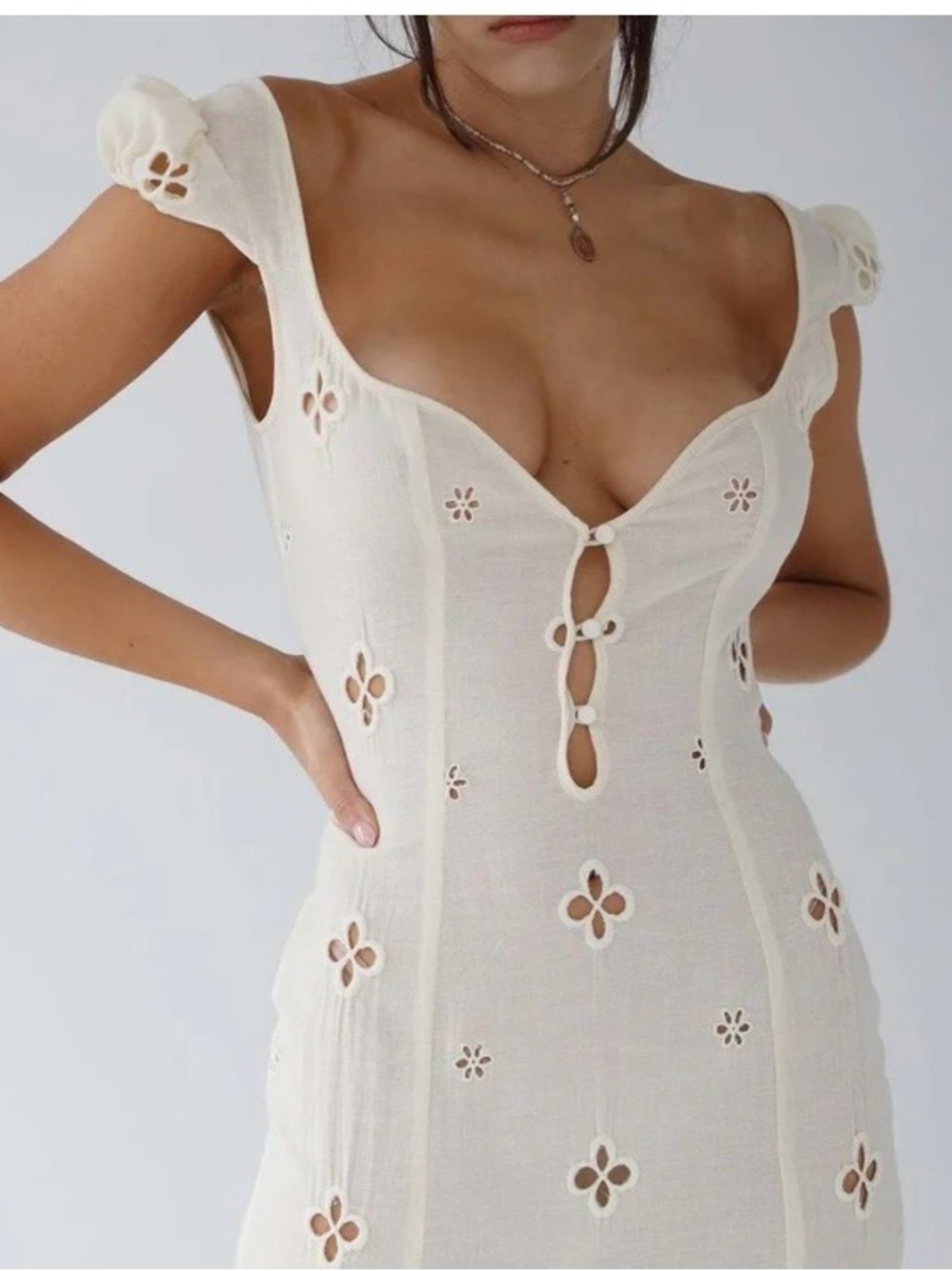 Women's Cream Eyelet Maxi Dress with Sweetheart Neckline